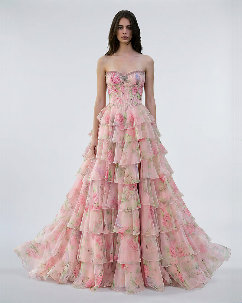 Gefjon Rose Corset Ruched-Tier High Slit Prom Dress Secondary image